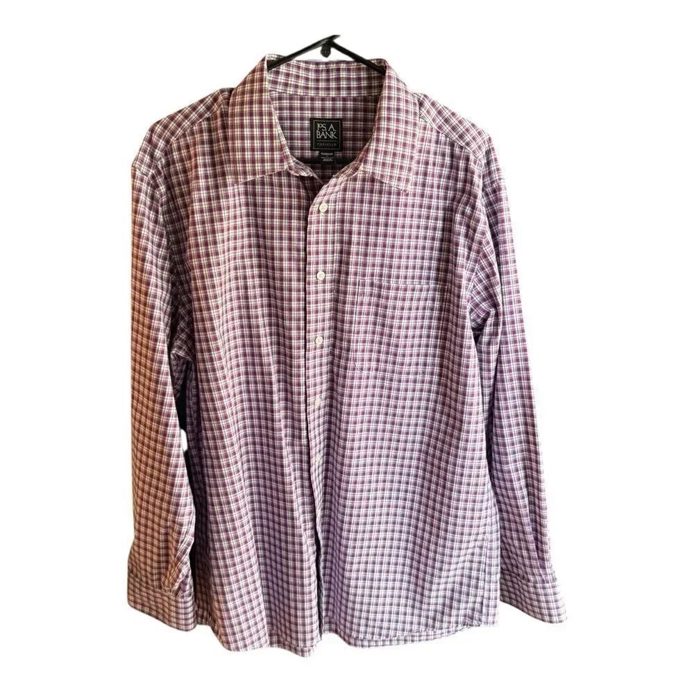 Jos. A. Bank Purple and White Plaid Shirt Travelers Edition Tailored Fit Preppy